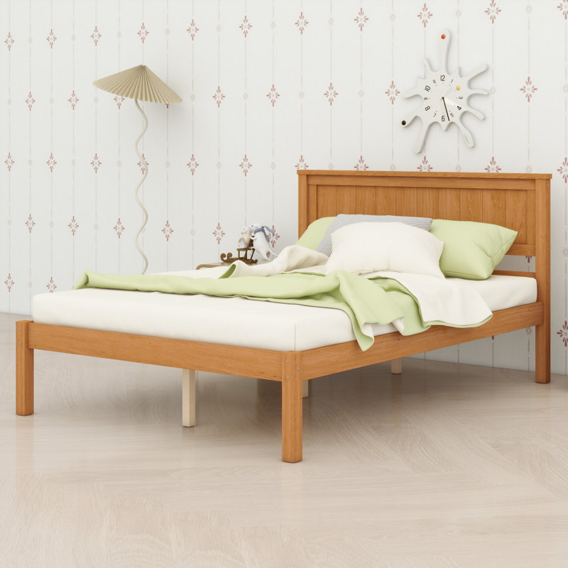 Lit plateforme minimaliste en bois avec tête de lit et sommier à lattes, sans sommier tapissier., Full / Double, Oak