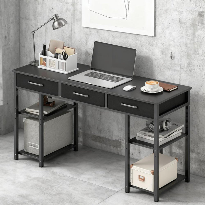 Small Computer Desk with Fabric Drawers, Black