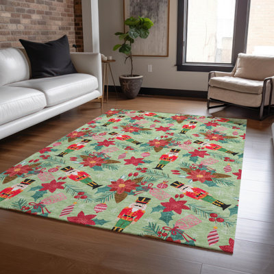 Machine Washable Indoor/Outdoor Christmas Nutcracker Xhevrie Aloe Rug