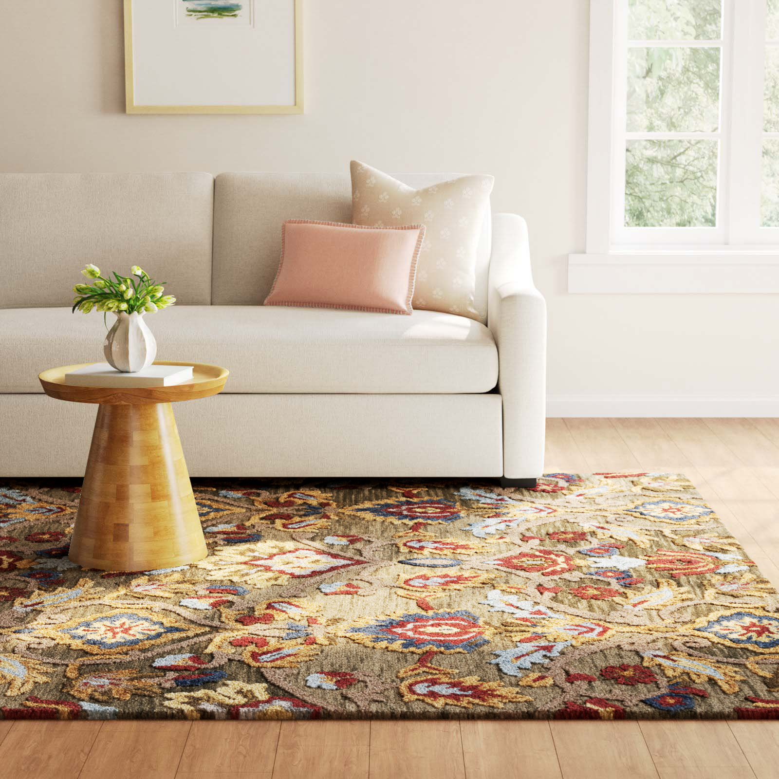 Tansy Handmade Wool Green / Multi Rug, Rectangle 8' x 10'