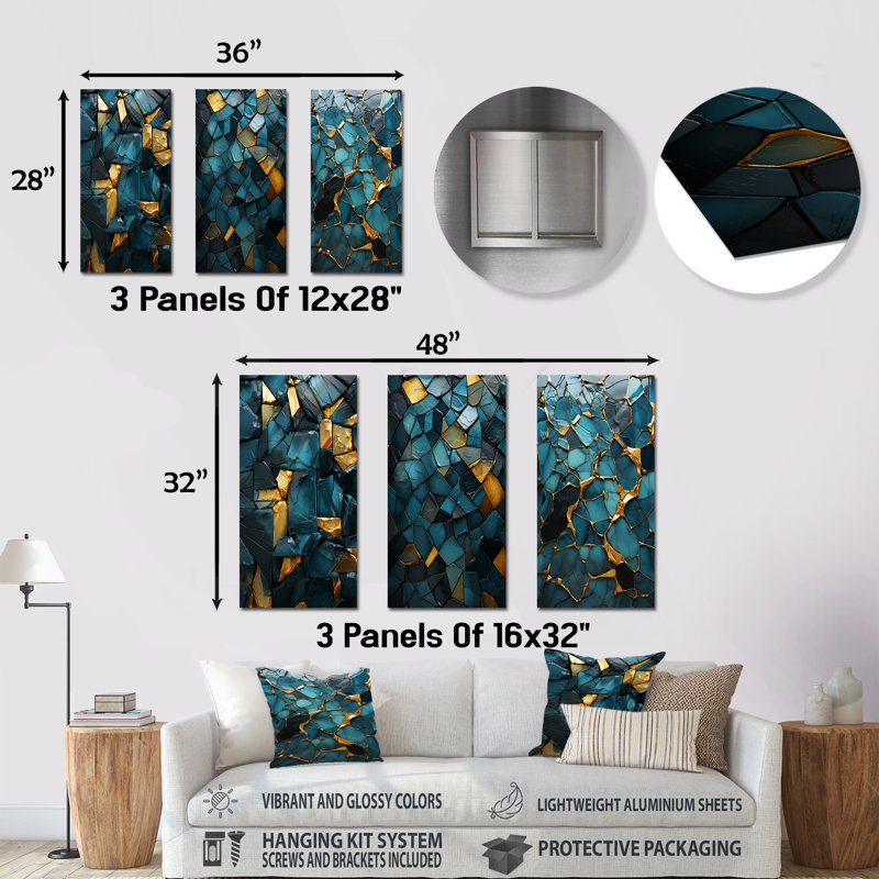 «Blue and Gold Marble Elegance I», ensemble d'art mural abstrait en métal marbré de 3, H 28 po x l 36 po