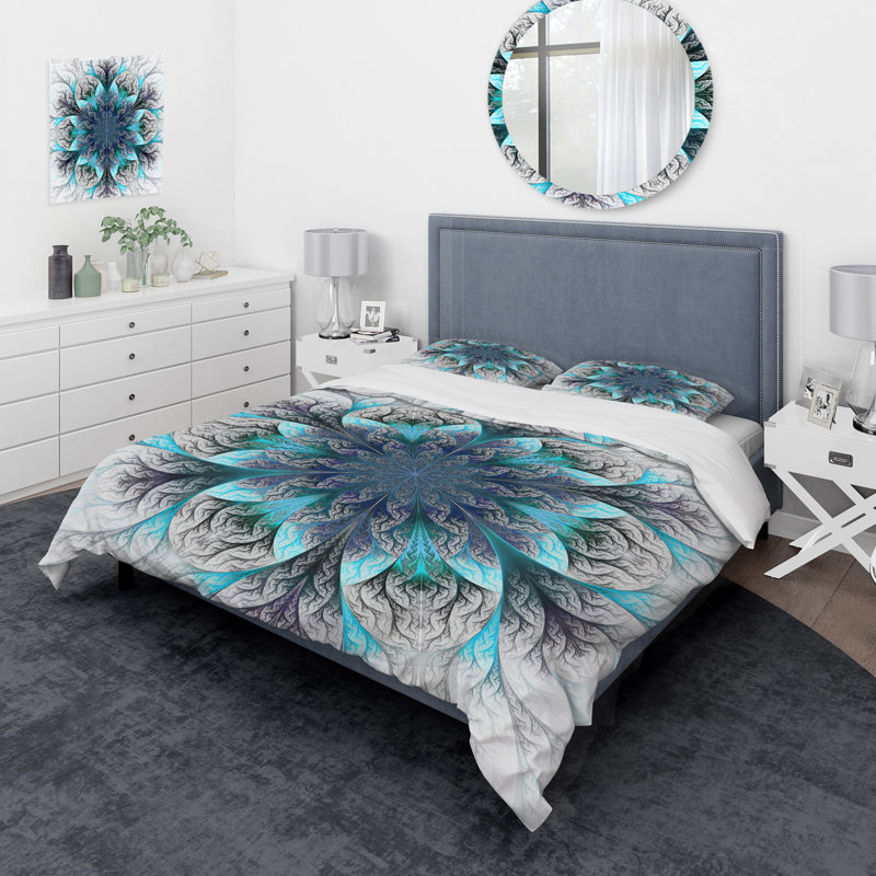 Turquoise And Gray Fractal Flowers - Modern Duvet Cover Set - Microfiber Polyester, King Duvet Cover + 2 King Shams
