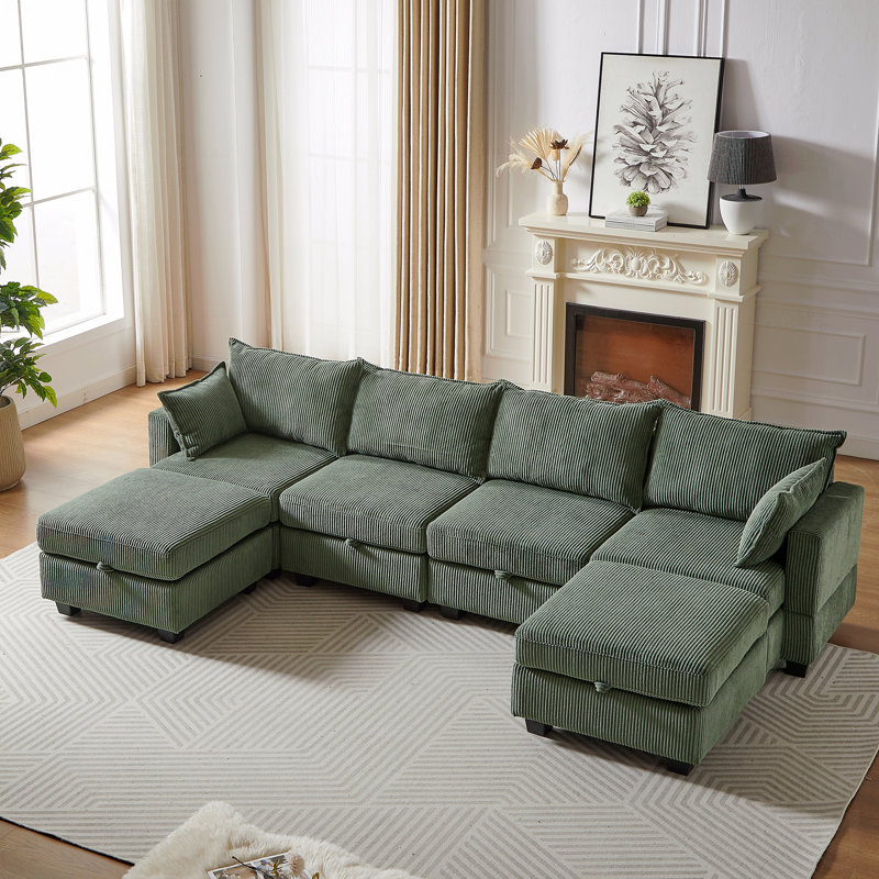 Canapé modulaire de 113,5 po avec repose-pieds avec rangement, forme L / U convertible, vert, Vert