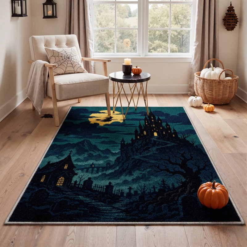 Tapis d'Halloween Château hanté, Noir/Orange, Lavable à la machine, Poils courts, Antidérapant, Rectangulaire 8 pi x 10 pi