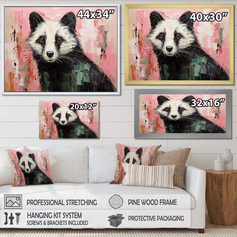 «Playful Black Skunk On» - Art mural animal Skunk, Cadre flottant noir, H 24 po x l 32 po x P 1 po
