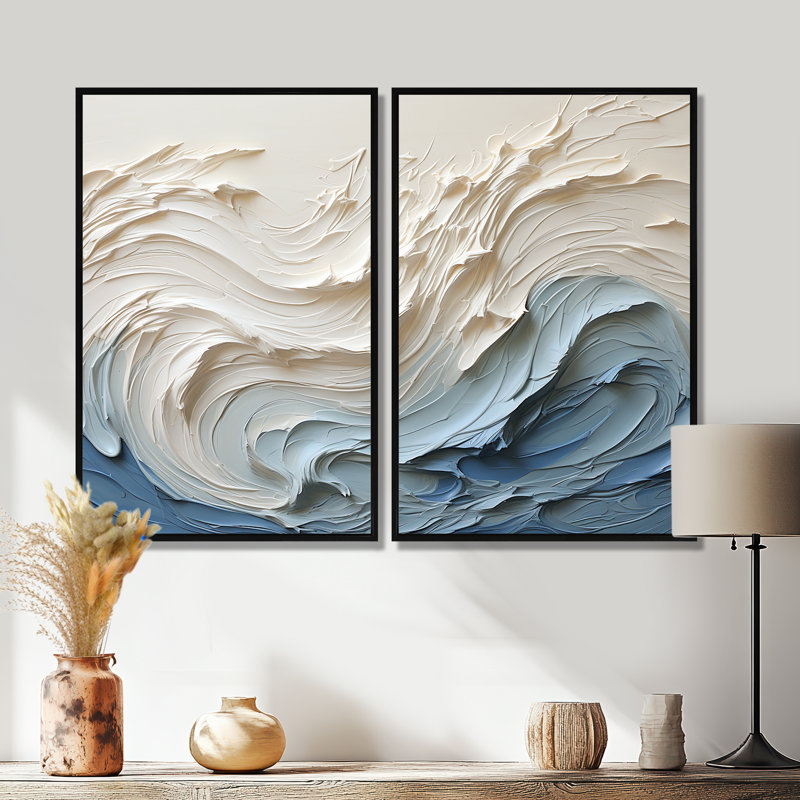 Vague blanche et bleue style Papercut - décoration murale bord de mer beige, Impression encadrée flottante, Noir