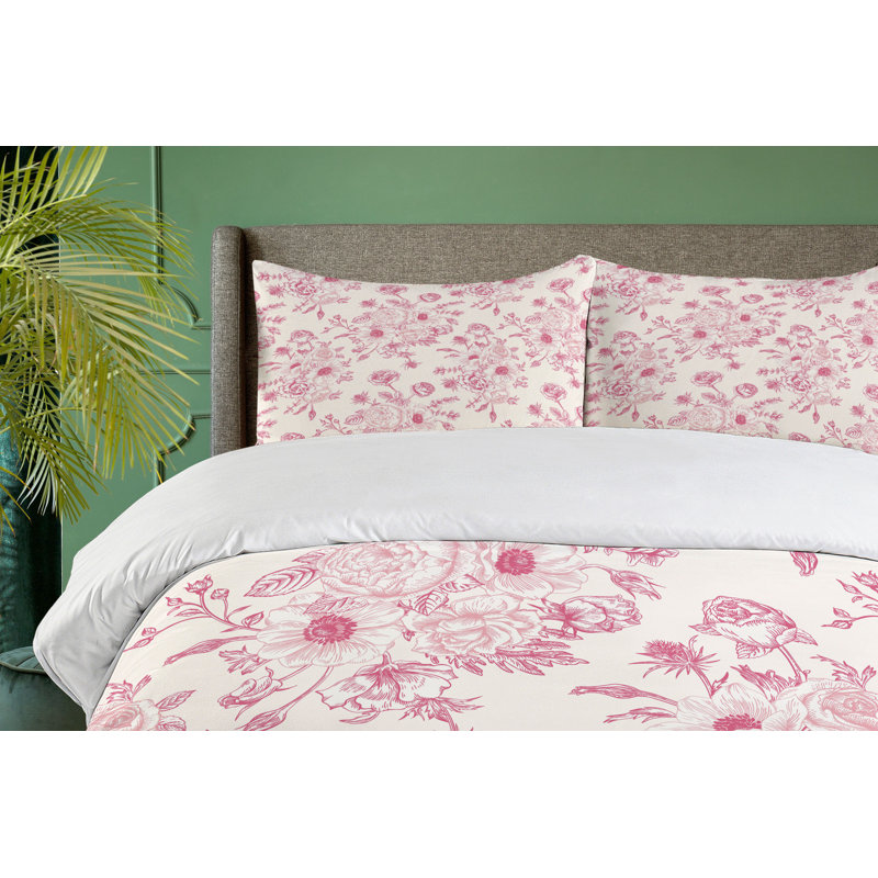King Pale Pink Floral Cotton Duvet Cover Set with Pillow Shams