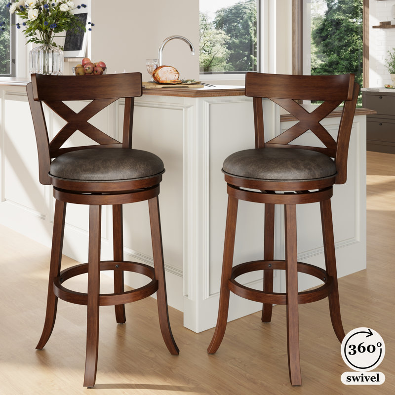 Tabouret de bar pivotant rembourré de 76 cm (30 po) avec cadre en bois massif et siège en similicuir pour la cuisine (ensemble de 2)