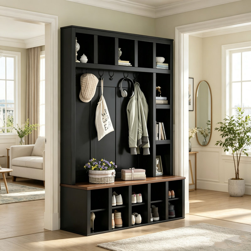 Porte-manteau de style champêtre en bois avec 6 crochets, banc de rangement en noyer, étagères réglables, meuble à chaussures 4 en 1 avec casiers pour entrée, vestiaire ou salon, noir, hauteur 195 cm