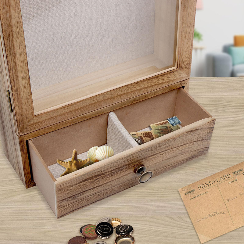 Shadow Box Frame, Deep Shadow Box Display Case With Real Glass And Drawer, Rustic Wood Memory Box For Pictures, Flowers, Memorial, Medals, Wedding Bouquet For Wall Or Tabletop