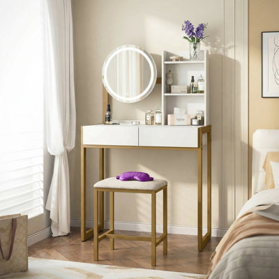 Small Vanity Desk with Built-in Power Outlet & 3 Lighting Modes, Makeup Vanity Table with Cushioned Stool & Open Storage Shelves for Bedroom