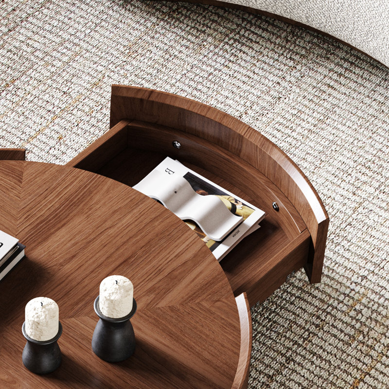 Table basse ronde en noyer avec tiroirs de rangement Minimalist, H 12,6 po x L 31,5 po x l 31,5 po