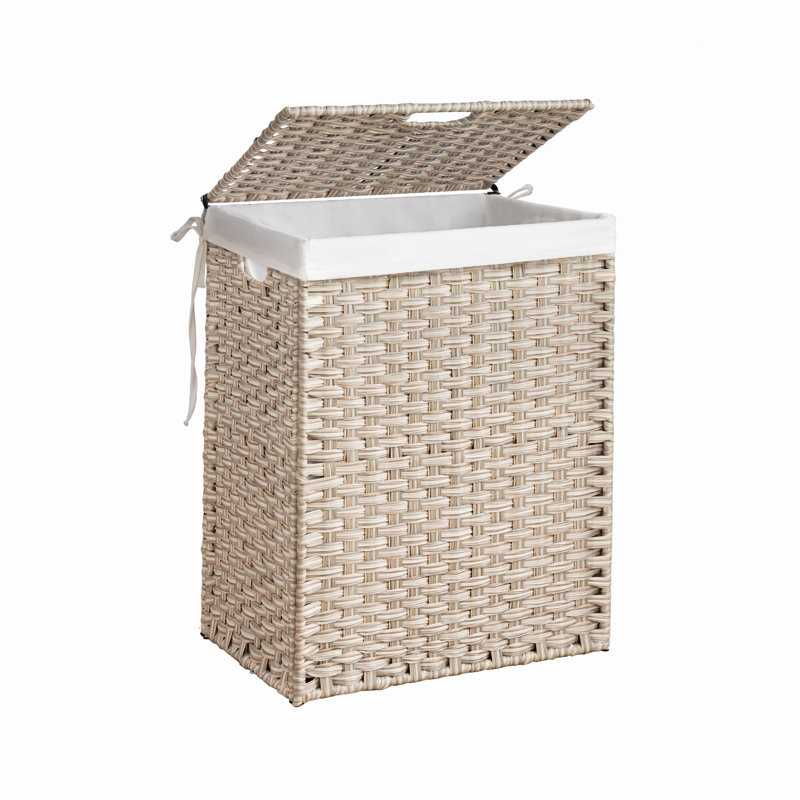 Panier à linge avec couvercle PE en rotin thermolaqué, Gris clair