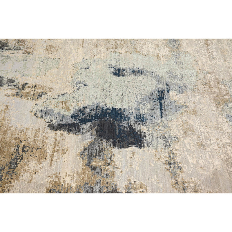 Hand Knotted Abstract Area Rug in Beige/Gold/Navy