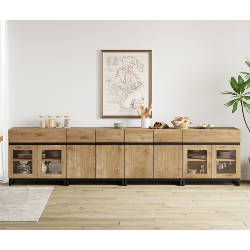 4 In 1 Sideboard Buffet Cabinets With Glass Doors And 2 Drawers, Modern Sideboard Credenza With Adjustable Shelf And Metal Base, Coffee Bar Cabinet Storage Cabinet For Living Room, Kitchen