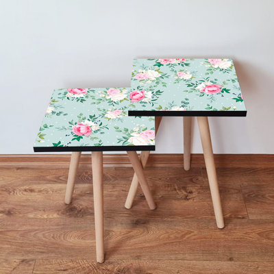 Modern Nesting Table Set (2 Pieces), Green, Pink & White, 13.8 x 18.5 x 13.8 inches | 100% MDF with Beech Wood Legs, Thickness: 0.7 inches | Perfect for Living Room or Bedroom, Stylish Flower Design