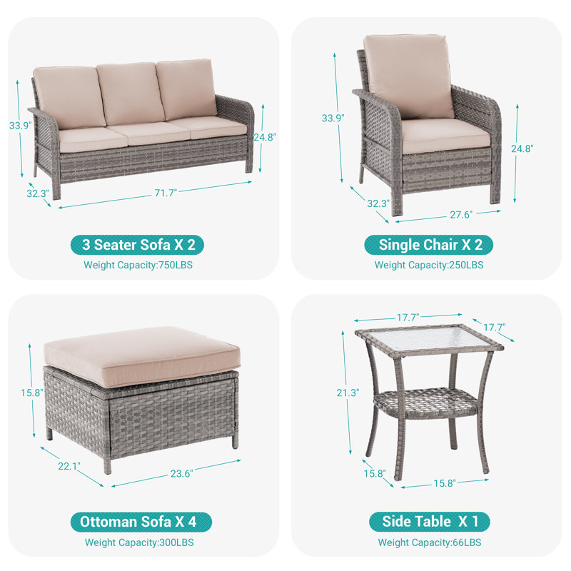 9 Piece Patio Sofa with Ottomans Set, Sand