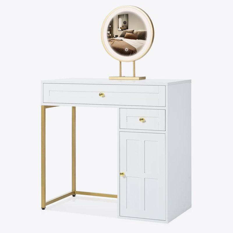 White and Gold 31.5'' Makeup Vanity Desk with Lighted Mirror