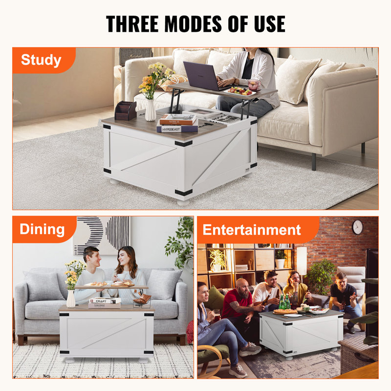 Gray and White Square Wooden Lift-Top Coffee Table with Storage