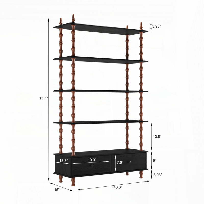 Bibliothèque à 5 niveaux avec tiroirs de rangement, 74,4 po de hauteur