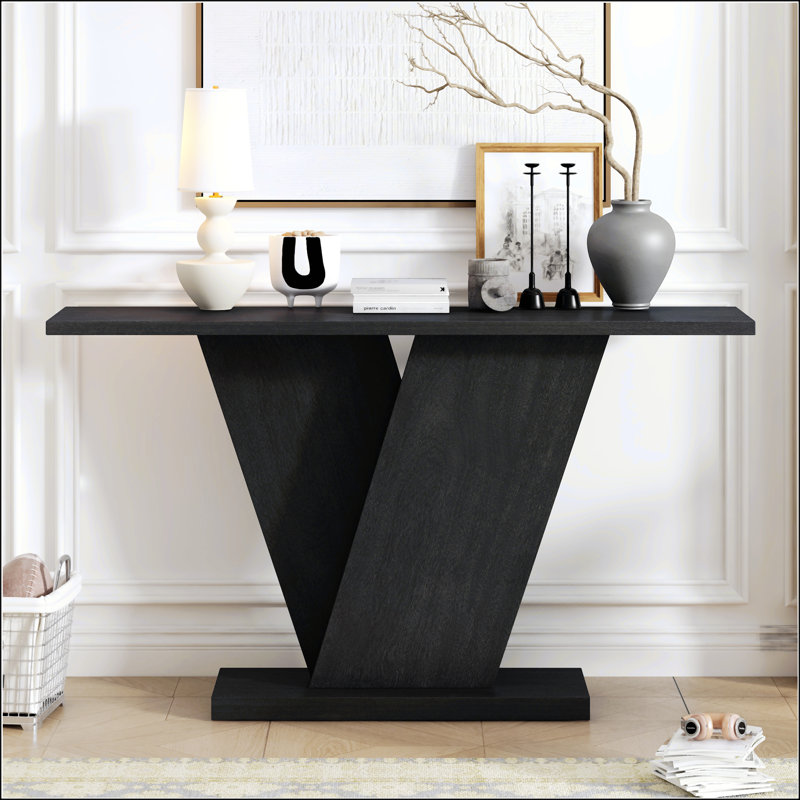 Mirod Console Table With Natural Wood Veneer, V - Base Design For Classic Versatility, Ideal For Displaying Favorite Items And Easy To Assemble