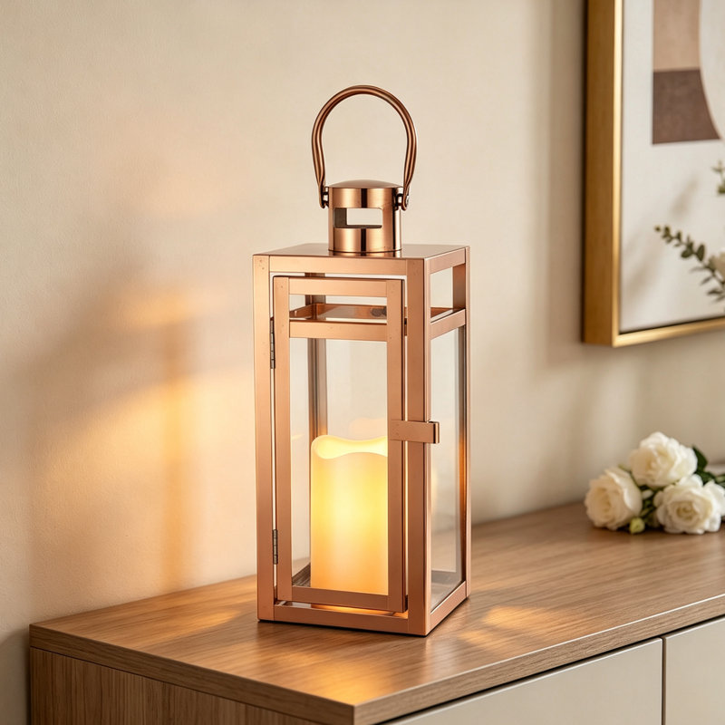 30Cm Stainless Steel Candle Lantern, Rose Gold