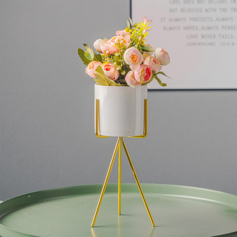 Abdulbaki Ceramic Cylindrical Free Standing Planter with Metal Stand, Gold, 17cm H x 8cm W x 8cm D