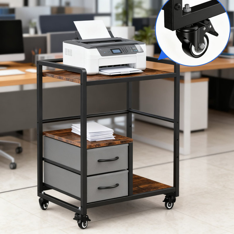 Support d'imprimante mobile robuste avec rangement à 3 niveaux, roulettes verrouillables et tiroir pour l'organisation du bureau