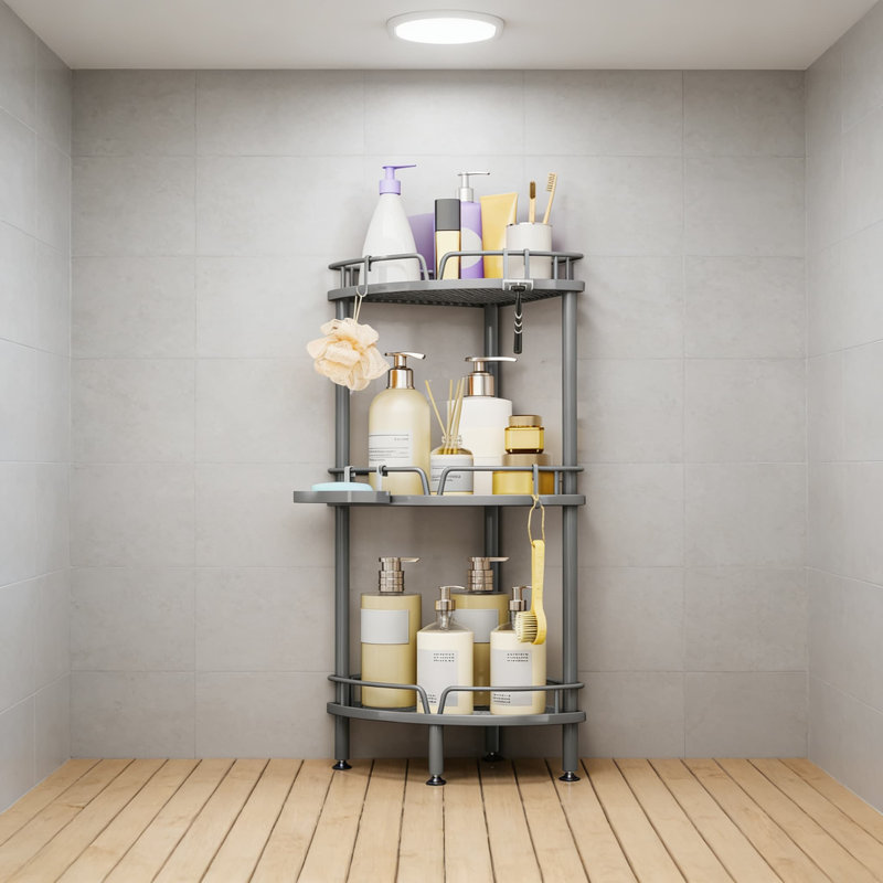 3-Tier Corner Shower Caddy Stand With Soap Holder & Hooks - Adjustable Floor Storage Organizer With Non-Slip Base For Bathroom