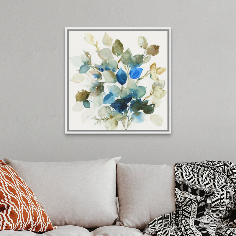 «Blue Leaves II» par Asia Jensen, reproduction d'art sur toile, H 32 po x l 32 po x P 1,75 po, Cadre flottant blanc