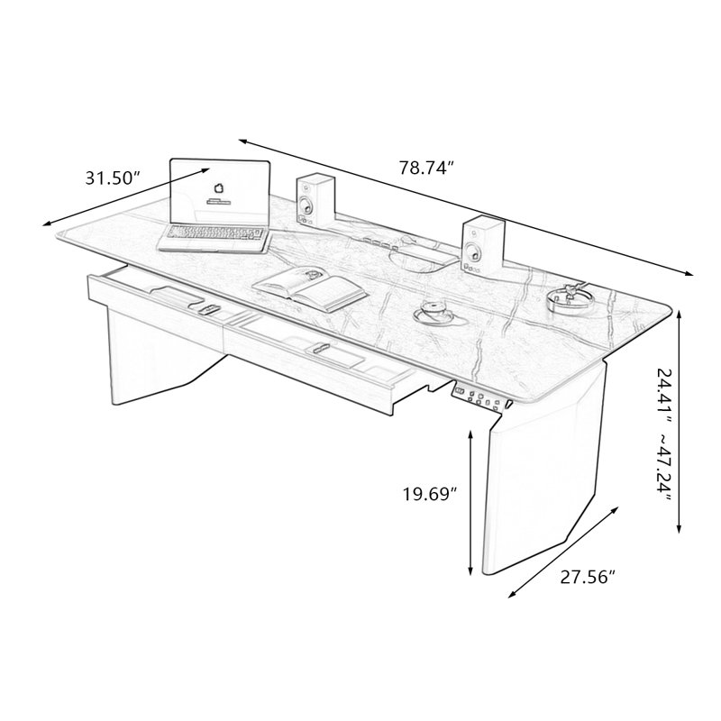 Bureau rectangulaire noir en acier fritté réglable en hauteur + acier au carbone avec 2 tiroirs