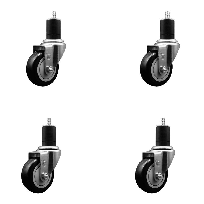 3.5 Inch SS Black Poly Wheel Swivel 1-3/4 Inch Expanding Stem Caster Set SCC, Black