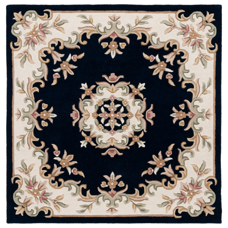 Steller Aubusson Hand Tufted Wool/Cotton Floral Rug in Ivory/Navy, Square 6'