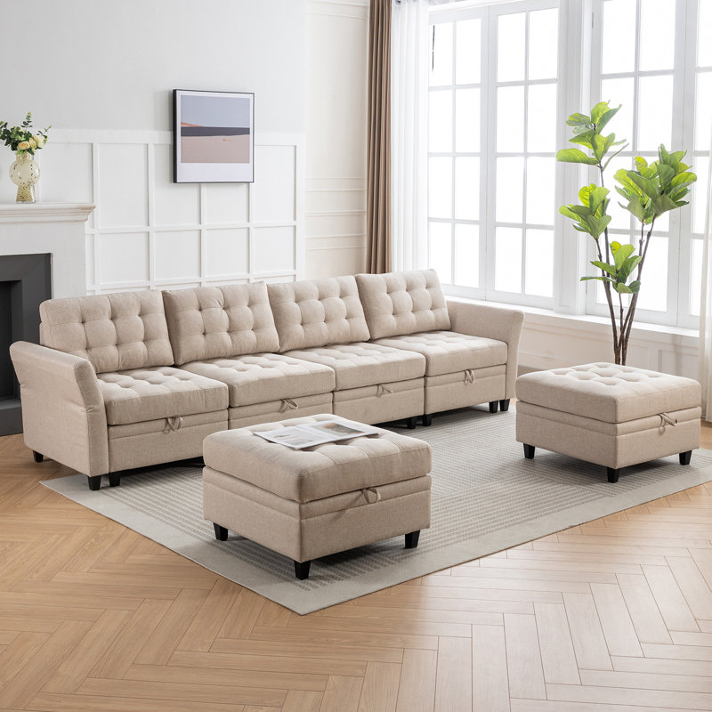 Canapé modulaire modulaire en lin avec repose-pieds, Beige