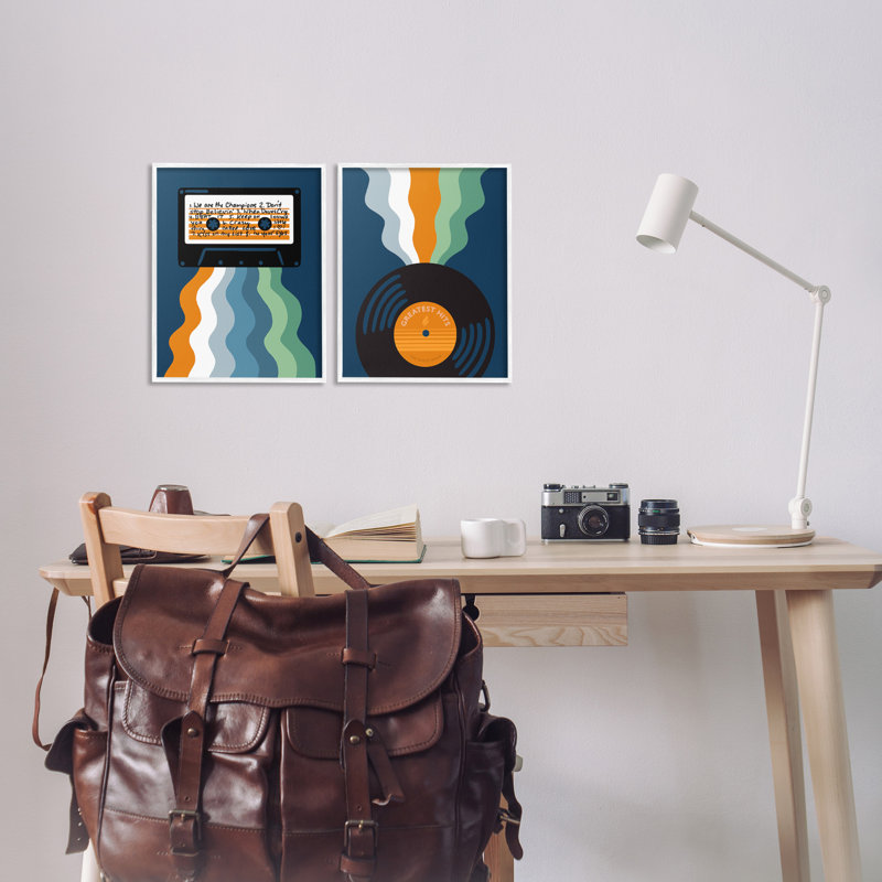 "Retro Music With Stripes" par Laura Marr - 2 pièces, Giclée encadrée blanc bord de mer, H 11 po x l 14 po