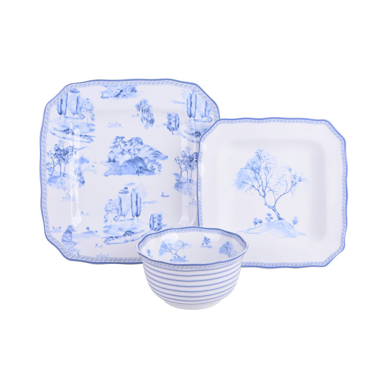 Scenic Toile Blue and White Porcelain 12-Piece Dinnerware Set