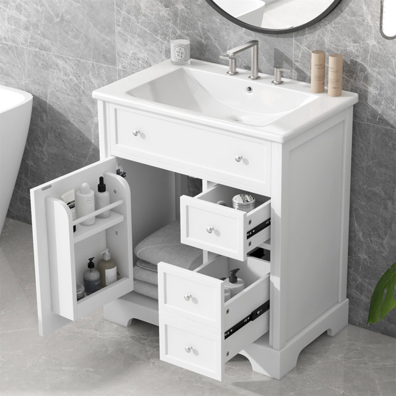 Meuble-lavabo de 30 pouces avec lavabo, armoire en bois massif et panneau de fibres à densité moyenne, deux tiroirs, conception rainurée élégante, installation facile