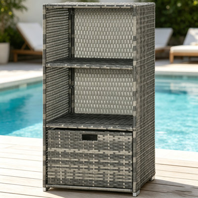Outsunny Grey PE Rattan Pool Towel Storage Caddy, 2-Tier Towel Rack with Pull-Out Storage Drawer, Waterproof Indoor Outdoor Spa & Hot Tub Organizer