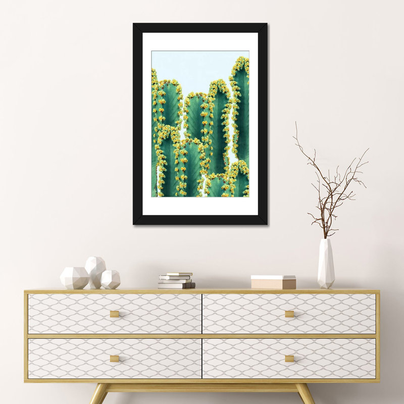 « ornee cactus », reproduction d’impression sur toile tendue, H 32 po x l 24 po x P 1 po, Papier d'art encadré noir, Blanc