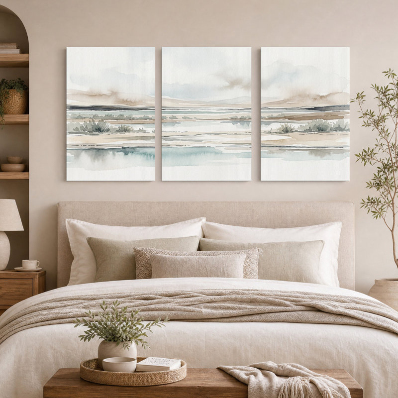 Ensemble de 3 toiles murales représentant un paysage aquarelle aux tons doux avec des buissons de sauge, 36"H x 24"W x 3pcs