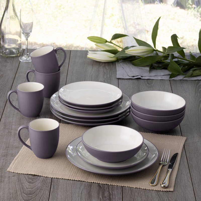 Plum and White Ceramic 16-Piece Square Dinnerware Set
