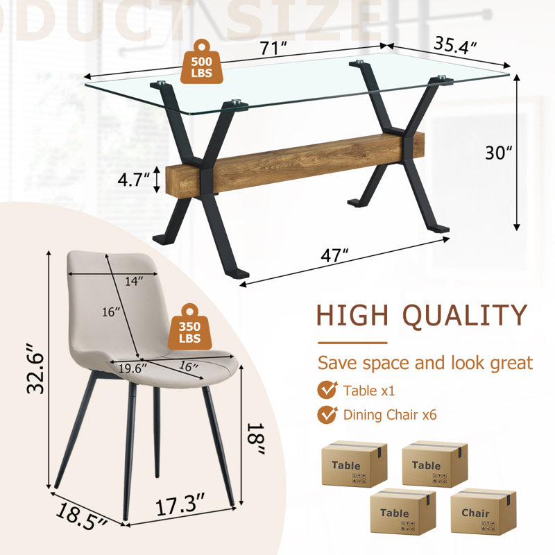7-Piece Glass Top Dining Table Sets, Gray/Black