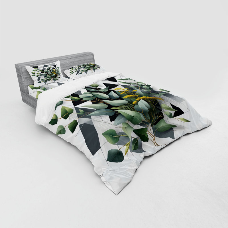 Ensemble de literie à feuilles d'eucalyptus Ambesonne et bleu foncé, gris et vert