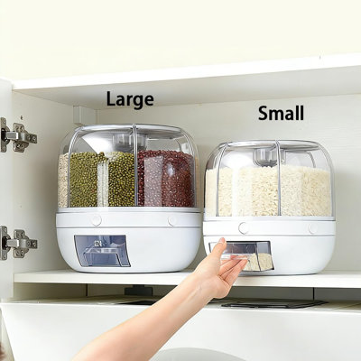 Rotating Grain Storage Bin 6 Grids Rice Container One-Click Output Large Capacity Food Dispenser For Rice Grains Sealed Moisture Proof Organizer (Grey) (Small)