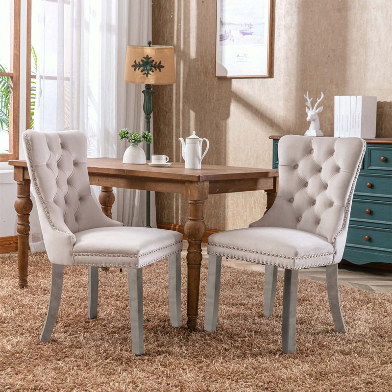 Chaise de salle à manger rembourrée en velours moderne avec anneau à tirer (ensemble de 2), Beige, Chrome chrome