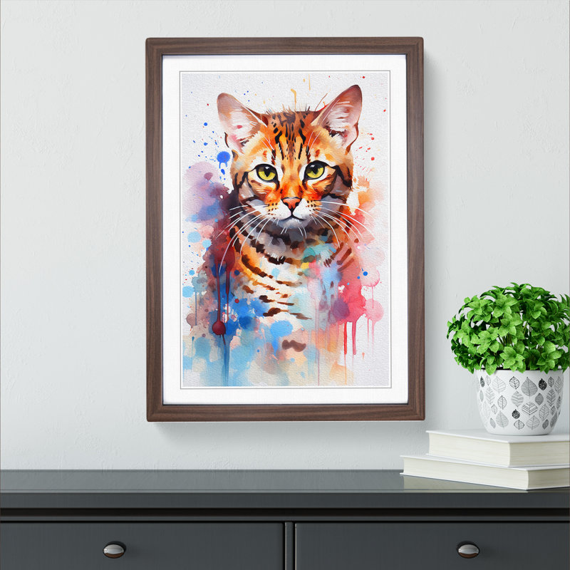 Bengal Cat Action Painting - Single Picture Frame Print on Wood, Walnut Framed, 34cm H x 25cm W x 2cm D