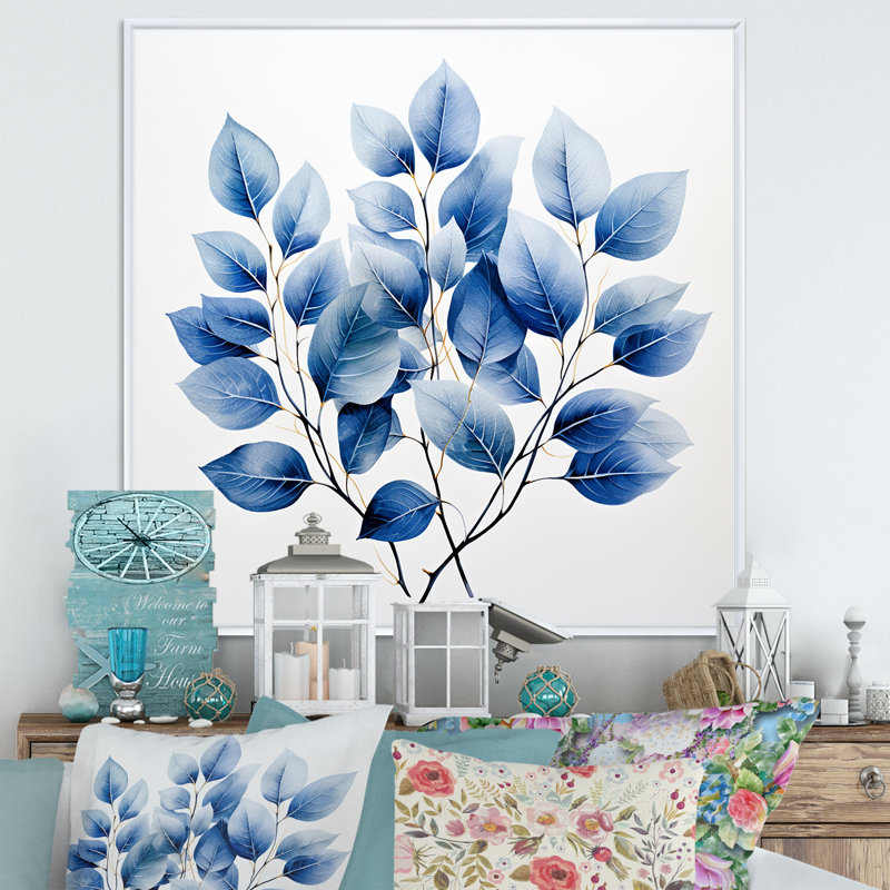 Collage de feuilles blanches et bleues sur toile, H 30 po x l 30 po x P 1 po, Cadre flottant blanc