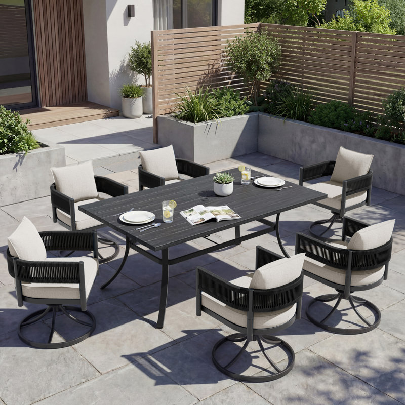 7-Pieces Wicker Steel Dining Sets, Gray/Black