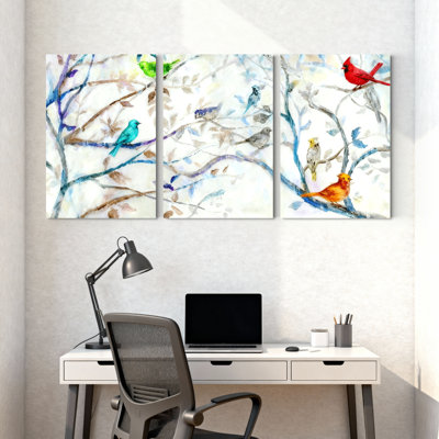 «Birds Colorful Birds On Branches», ensemble de 3 impressions sur toile
