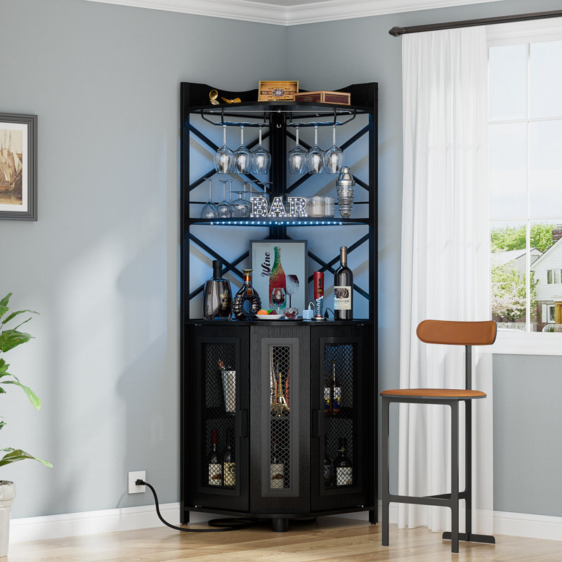 Meuble-bar Conner avec rangement pour bouteilles de vin et bande DEL, Noir